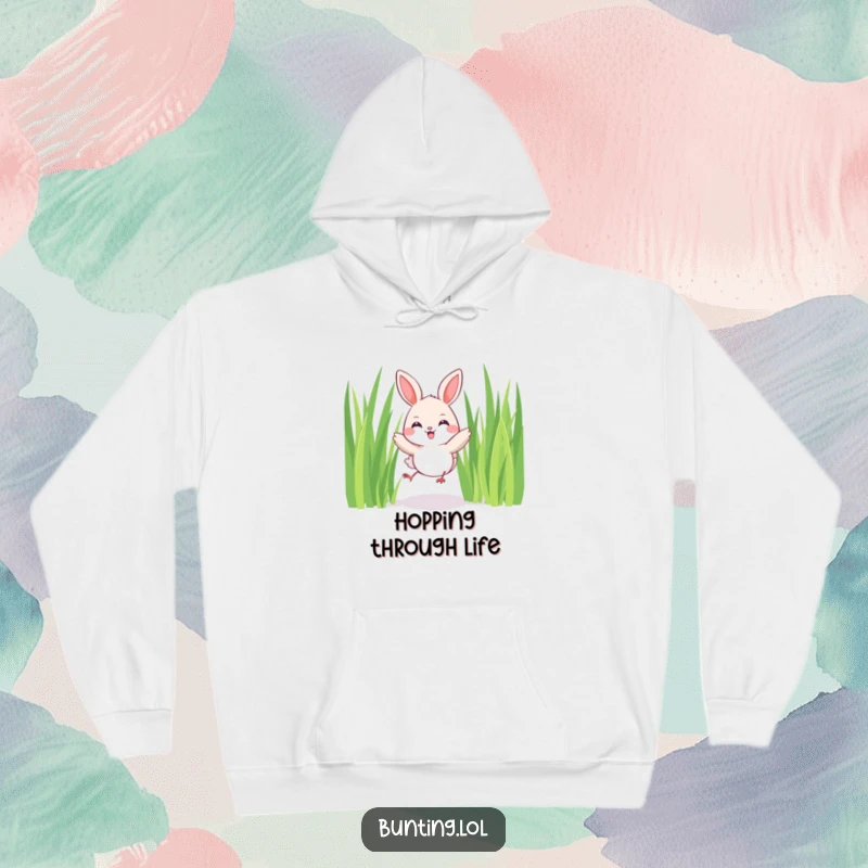 Funny Bunting Hoodie featuring a cute bird joyfully hopping among tall blades of grass, symbolizing happiness and comfort.