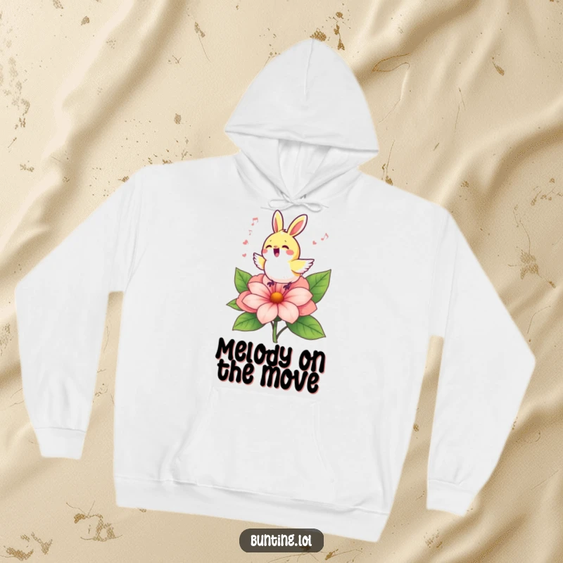 Funny bunting bird serenading from a beautiful flower, printed on a soft and cozy hoodie for ultimate comfort.