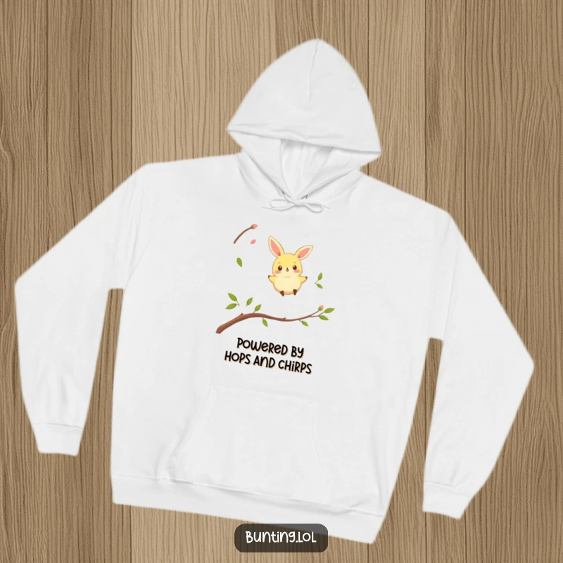 Funny bunting bird hoodie showcasing a lively character playfully hopping between twigs, a delightful and humorous scene.