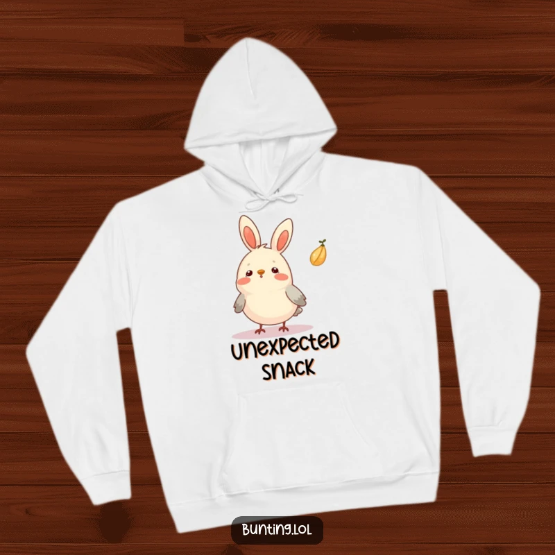 Funny Bunting Hoodie featuring a bird looking surprised as a seed floats by, providing warmth and humor.