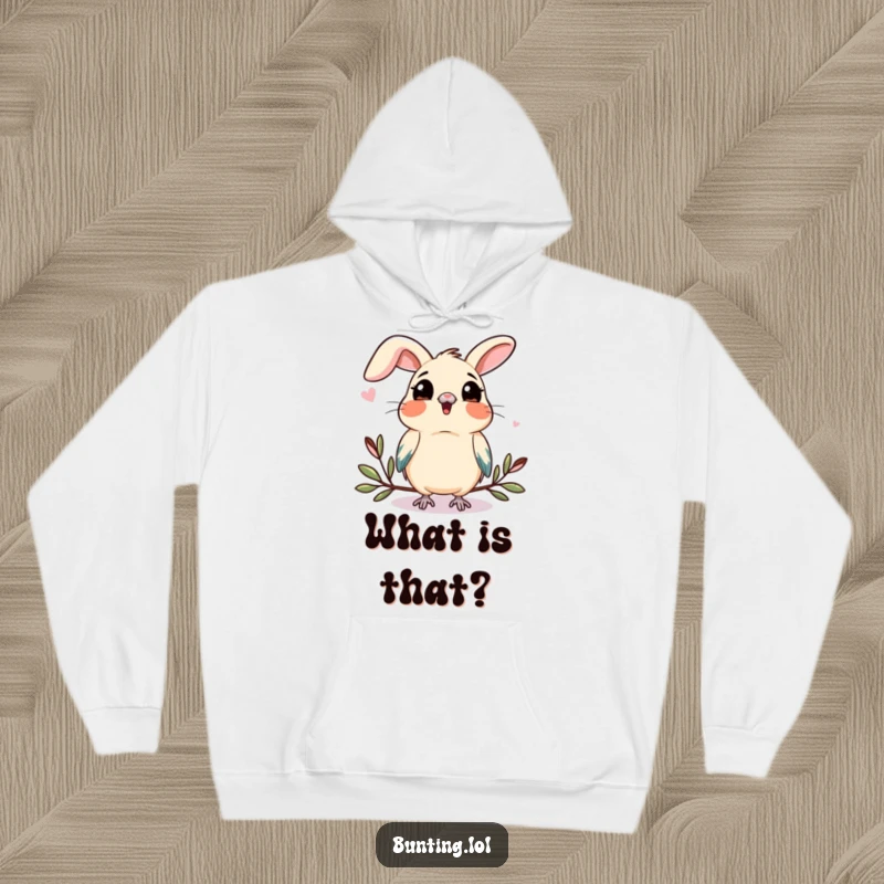 Funny bunting hoodie depicting a bird tilting its head, keenly observing something new, radiating quiet contemplation and humor.