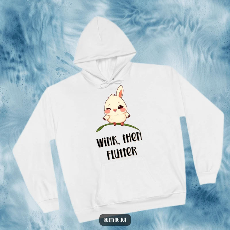 Funny bunting hoodie depicting a playful bird with a mischievous grin winking from a grassy stalk, for cozy humor.