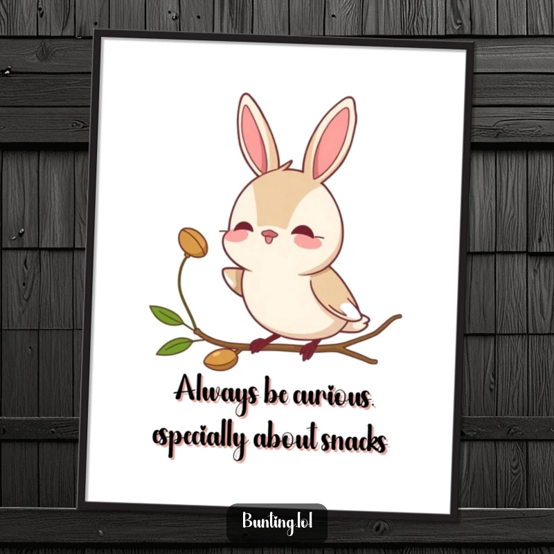 Funny Free Printable Bunting Wall Art: Bird curiously eyeing a seed, a moment of quiet observation, humorous downloadable decor.