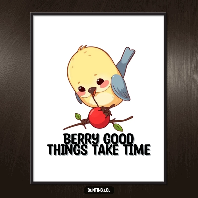 Funny Free Printable Wall Art of a bunting comically pecking at a tiny berry, a quirky and humorous piece of art.