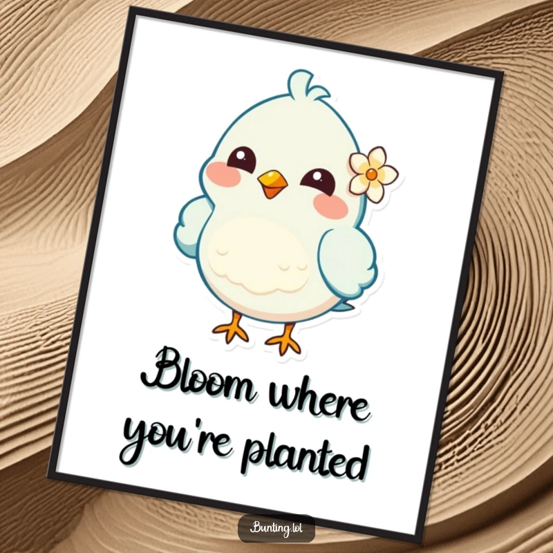 Funny Free Printable Wall Art: A cheerful bird character with a tiny flower tucked behind its ear, adding a whimsical garden touch.