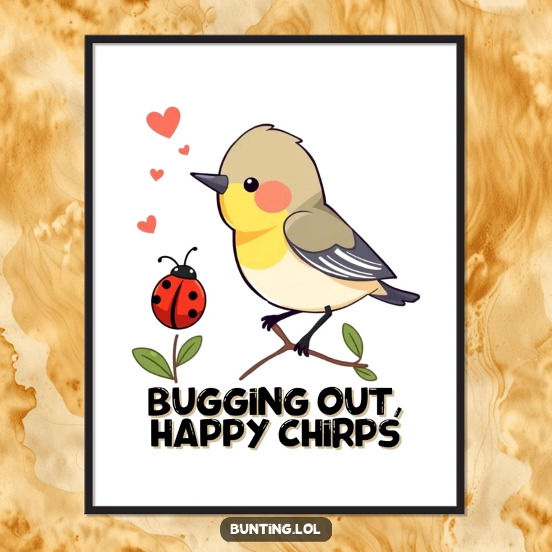 Funny Free Printable Wall Art of a bunting bird chirping with excitement at a ladybug, creating a cute scene.