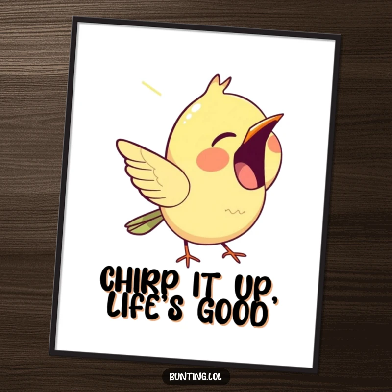 Funny Free Printable Wall Art showing a delightful bunting with its beak open, happily chirping a cheerful tune.