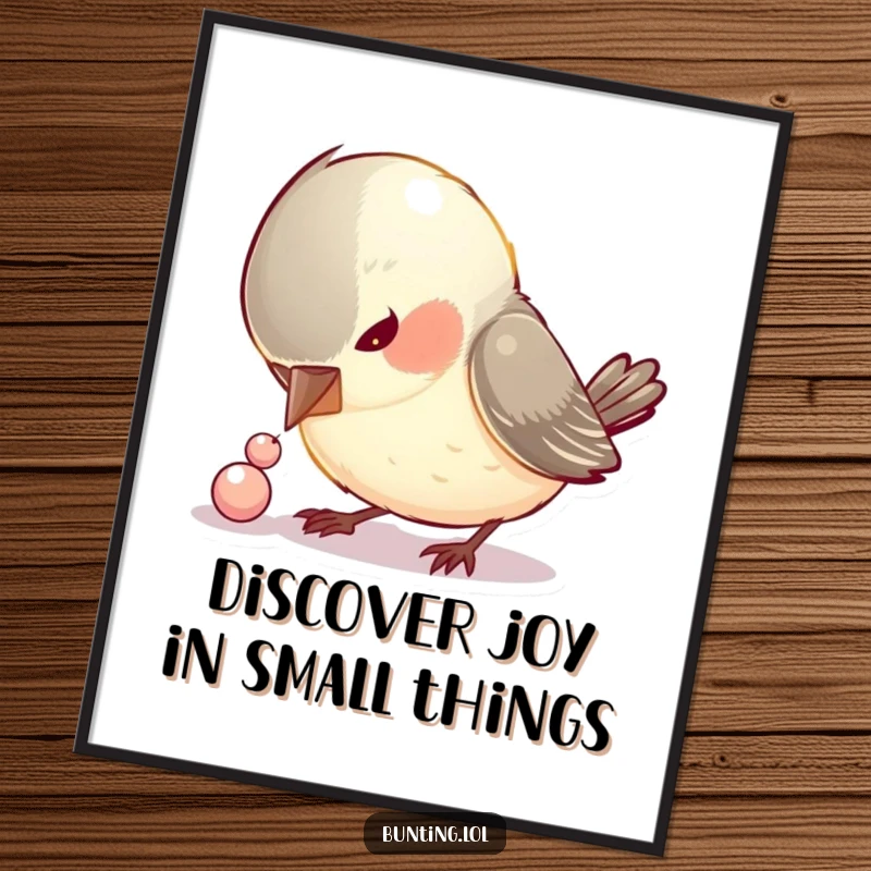 Funny Free Printable Wall Art: Curious bird intently pecking a shiny bead, like discovering a treasure, a fun downloadable decor.