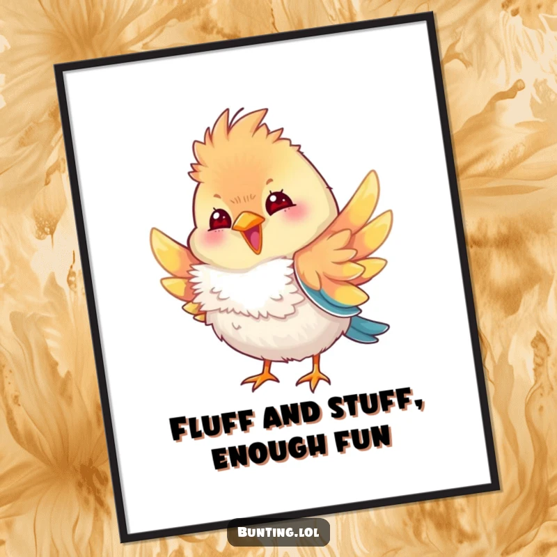 Funny Free Printable Bunting Wall Art: A vibrant bird character playfully fluffing its colorful feathers, creating a visually appealing and humorous piece.