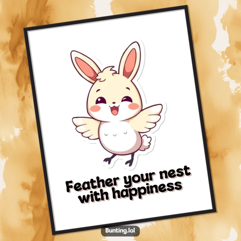 Funny Free Printable Bunting Wall Art: Bird performing an energetic wing flutter, radiating happiness, humorous downloadable decor.