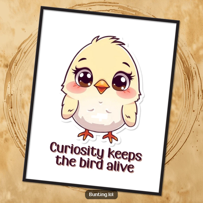 Funny Free Printable Wall Art of a cute bunting character looking around with wide, curious eyes. A humorous downloadable art piece.