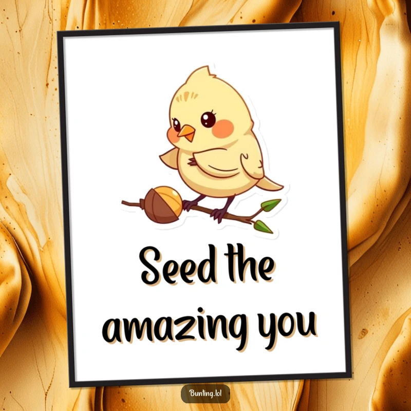 Funny Free Printable Wall Art of a bunting character playfully pecking at a tiny seed. A charming downloadable art piece.