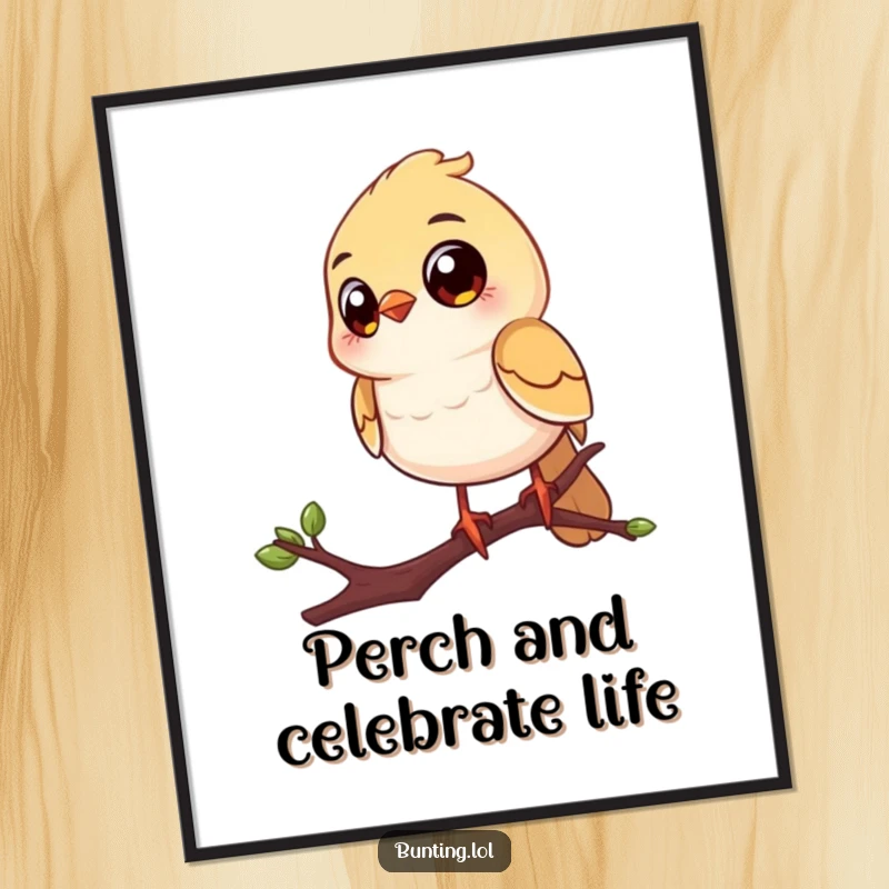 Funny Free Printable Wall Art: Cheerful bird with big eyes on a twig, looking curiously, a charming downloadable decor piece.