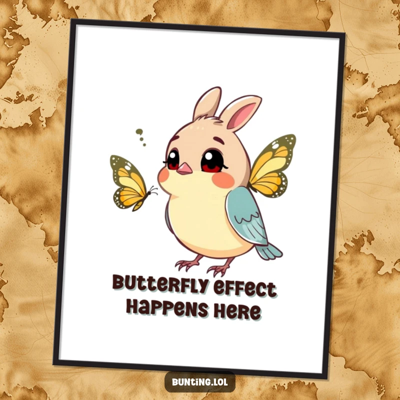 Funny Free Printable Wall Art: A curious bunting character tilts its head, questioning a passing butterfly with intrigue.