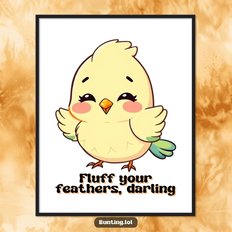 Funny Free Printable Wall Art: Cute bunting character fluffing its feathers with pure delight, a picture of happiness.