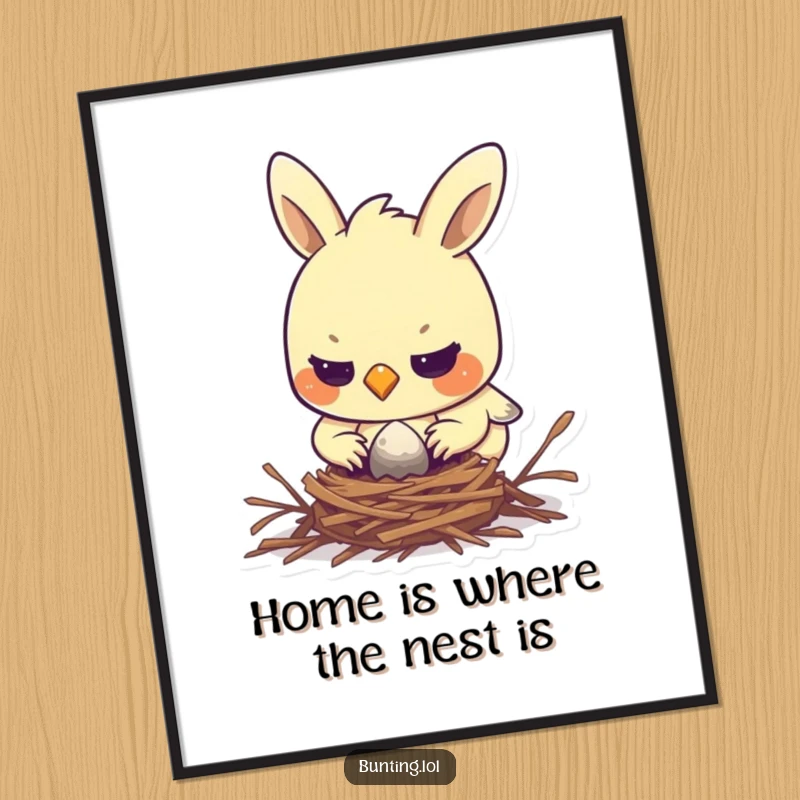 Funny Free Printable Wall Art: A determined bunting character with a focused expression is diligently building a tiny, perfect nest.