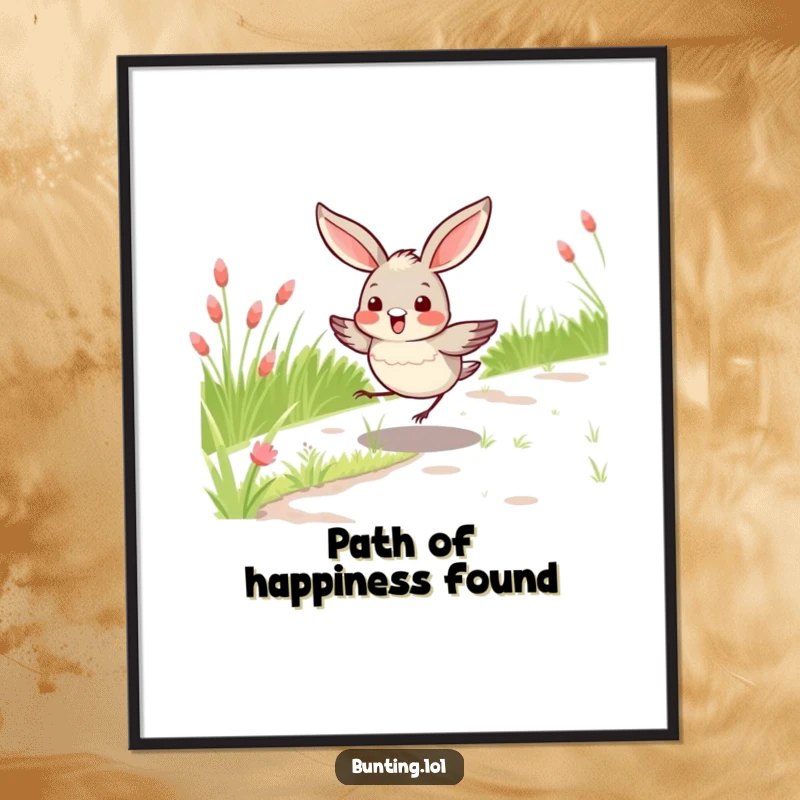 Funny free printable wall art of a cute bunting bird hopping joyfully along a grassy path, great for downloadable art.