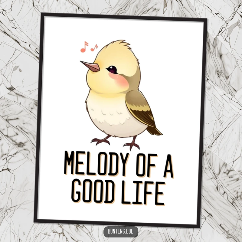 Funny free printable wall art of a bunting bird tilting its head, listening to an unseen song, great for downloadable art.