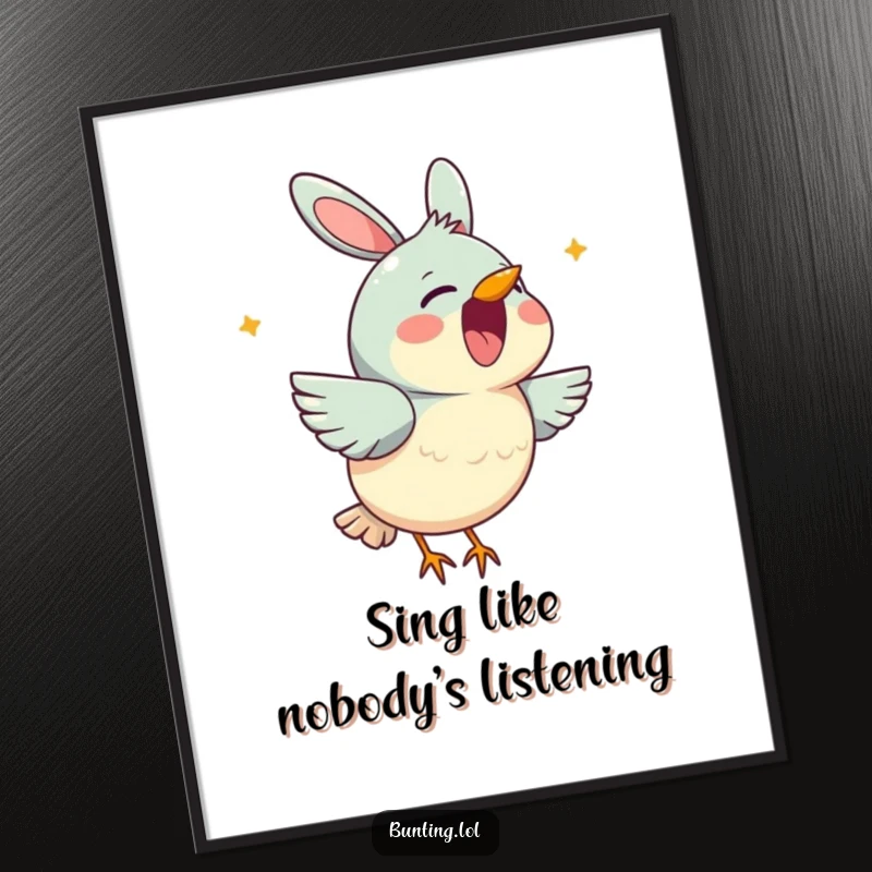 Funny Free Printable Wall Art of a cute bunting character cheerfully singing with its beak open, spreading joy and music.
