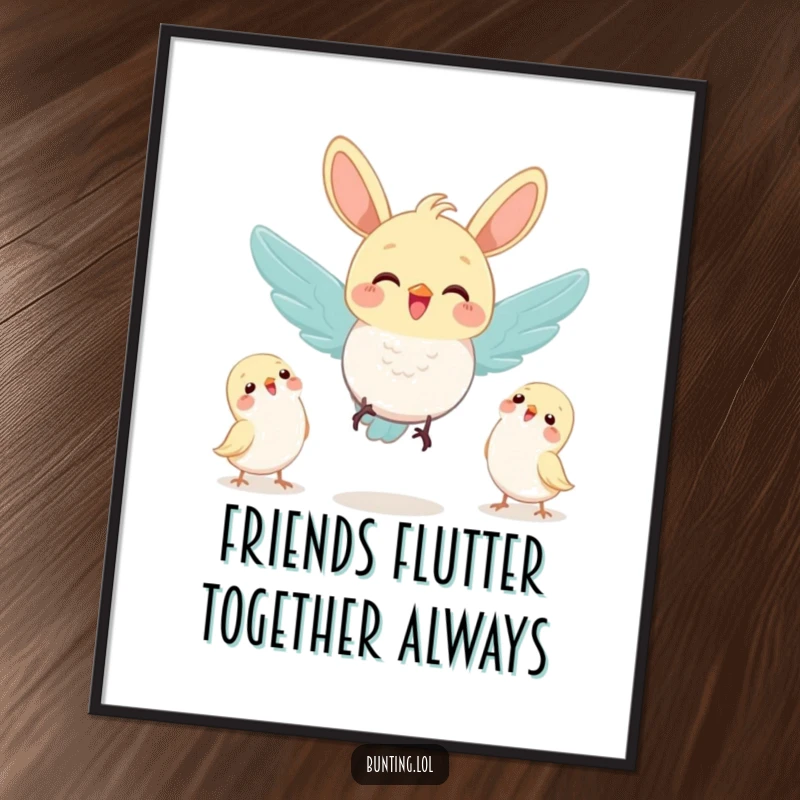 Funny Free Printable Wall Art: A bunting character joyfully flutters towards a welcoming gathering of its friends.