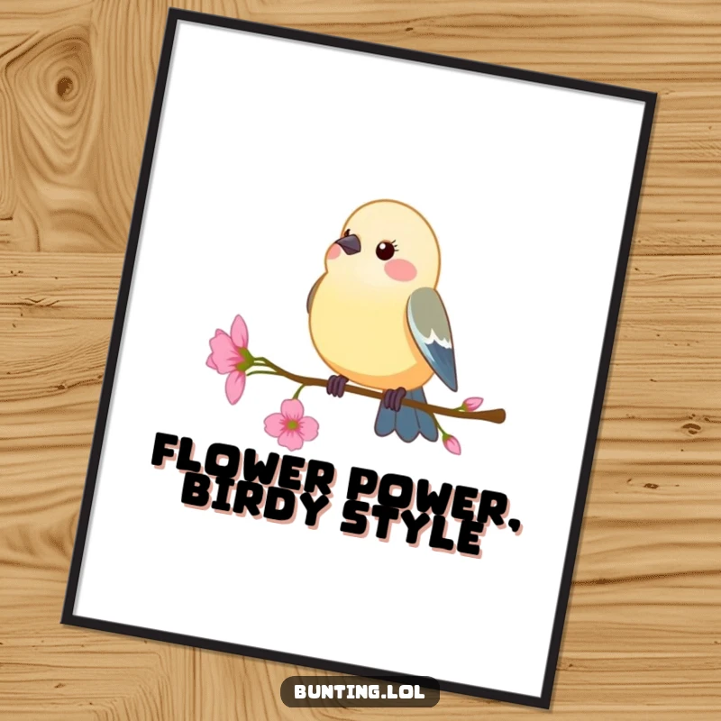 Funny Free Printable Wall Art of a bunting bird gently perching on a delicate flower stem, swaying peacefully.