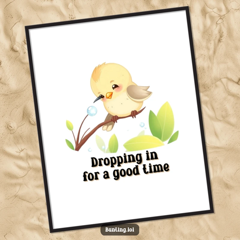 Funny Free Printable Wall Art: A comical bunting bird engrossed in pecking a tiny dewdrop, bringing unique charm to any room.