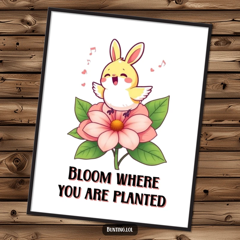 Funny Free Printable Wall Art: A cute bunting character cheerfully sings a joyous song on a vibrant flower.