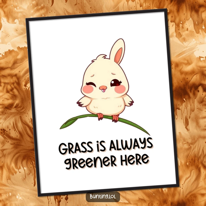 Funny Free Printable Wall Art: A mischievous bunting character winks playfully while perched on a swaying blade of grass.