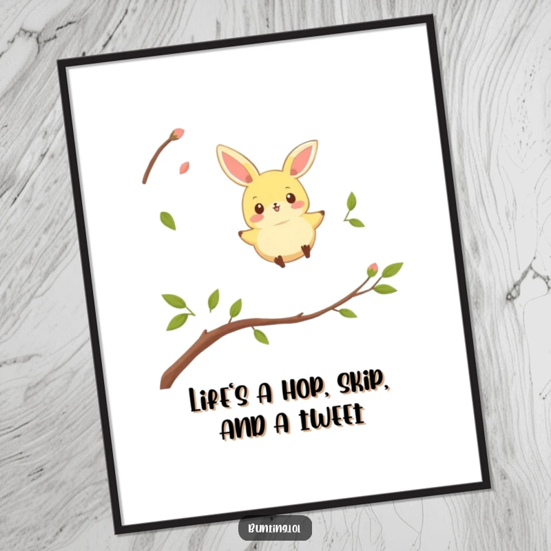 Funny Free Printable Bunting Wall Art: A cheerful bird hopping across twigs, bringing smiles, humorous downloadable decor.
