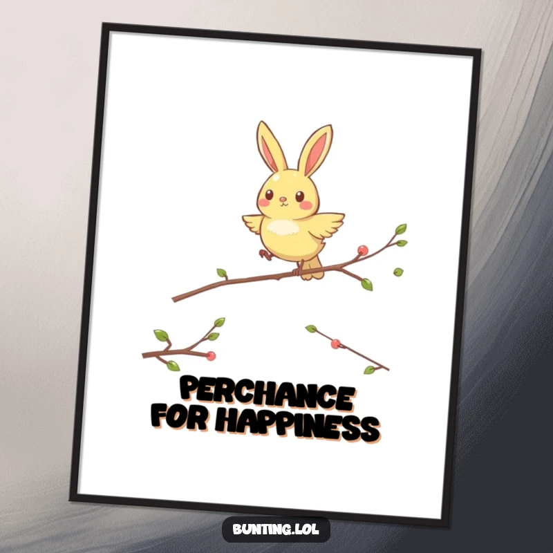 Funny Free Printable Wall Art of a bunting character happily hopping from perch to perch, bringing vibrant energy.