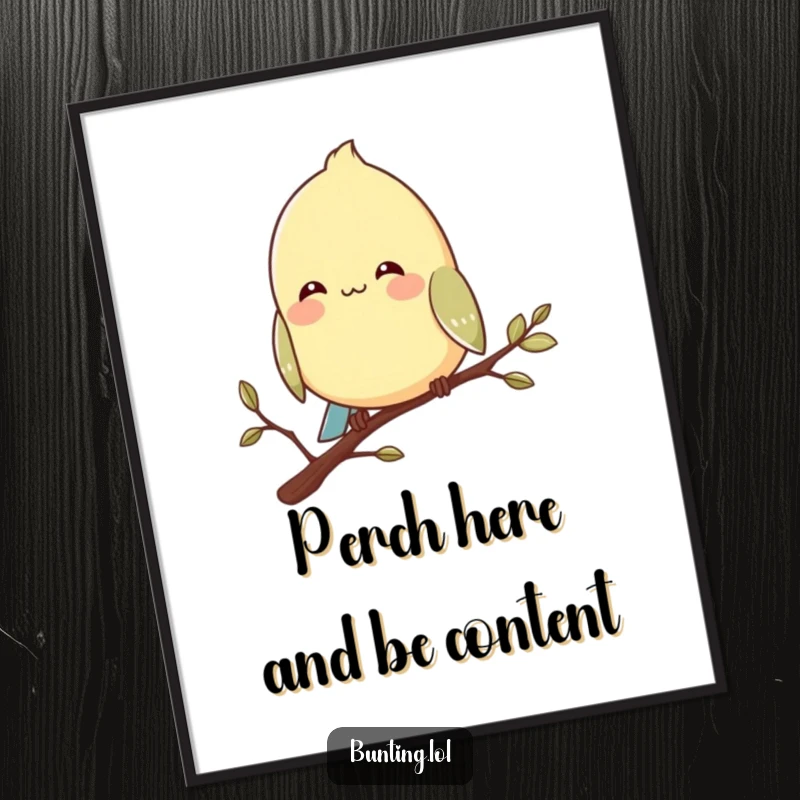 Funny Free Printable Bunting Wall Art: Bird perched contentedly on a branch with a peaceful smile, humorous downloadable decor.