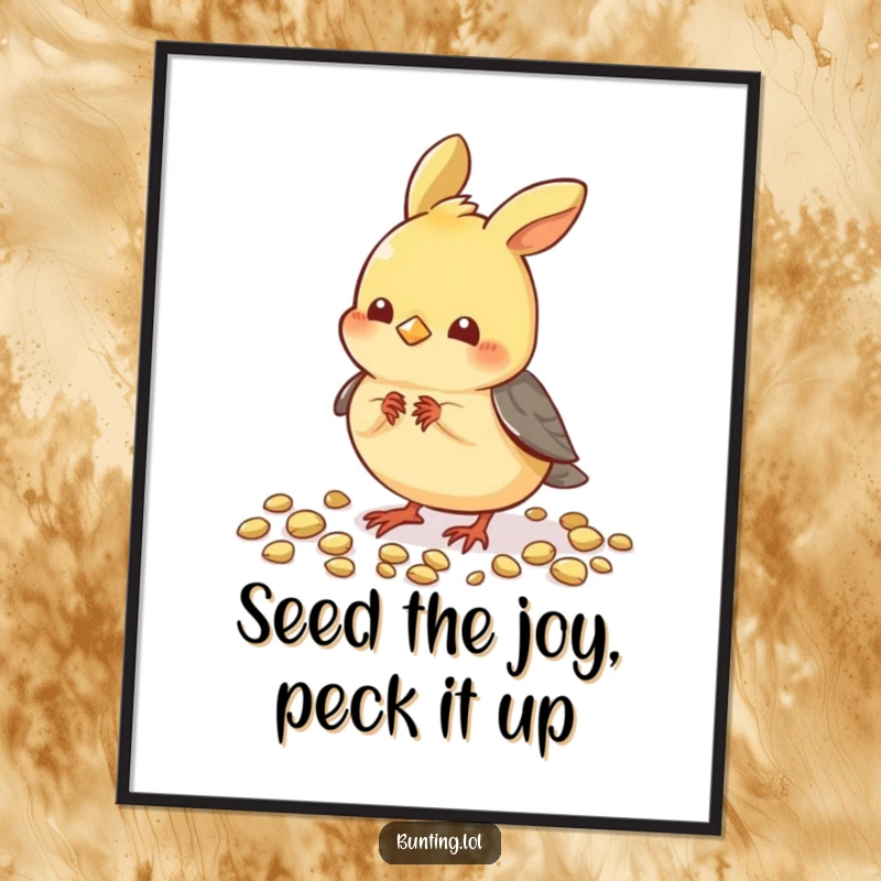 Funny Free Printable Wall Art of a small bunting character playfully pecking at seeds, adding a touch of whimsy.