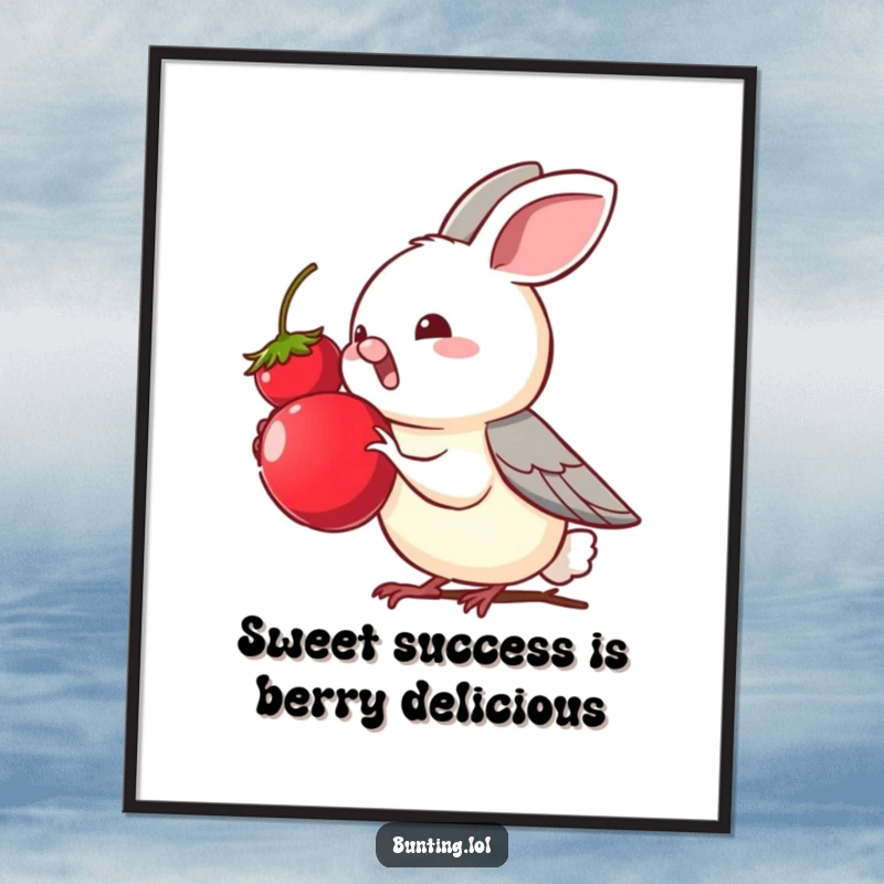 Funny Free Printable Wall Art: A cute bunting bird eagerly reaching for a tempting berry, a moment of desire.