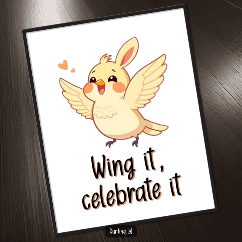 Funny Free Printable Bunting Wall Art: A vibrant bird character excitedly fluttering its wings, creating a dynamic and joyful visual.