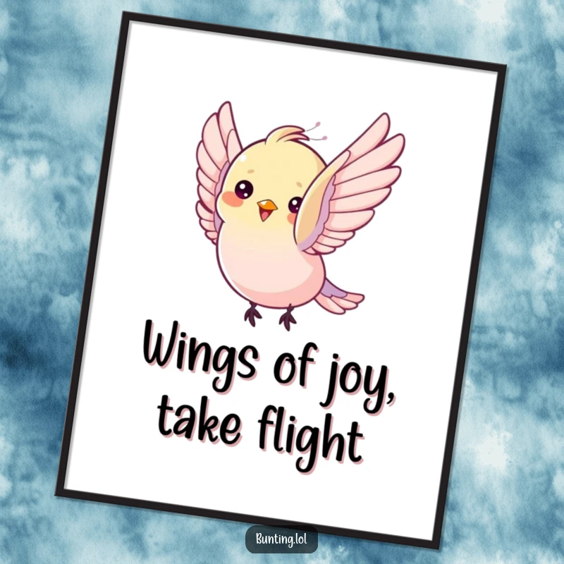 Funny Free Printable Wall Art depicting a bunting bird fluttering its wings with pure delight, bringing happiness.