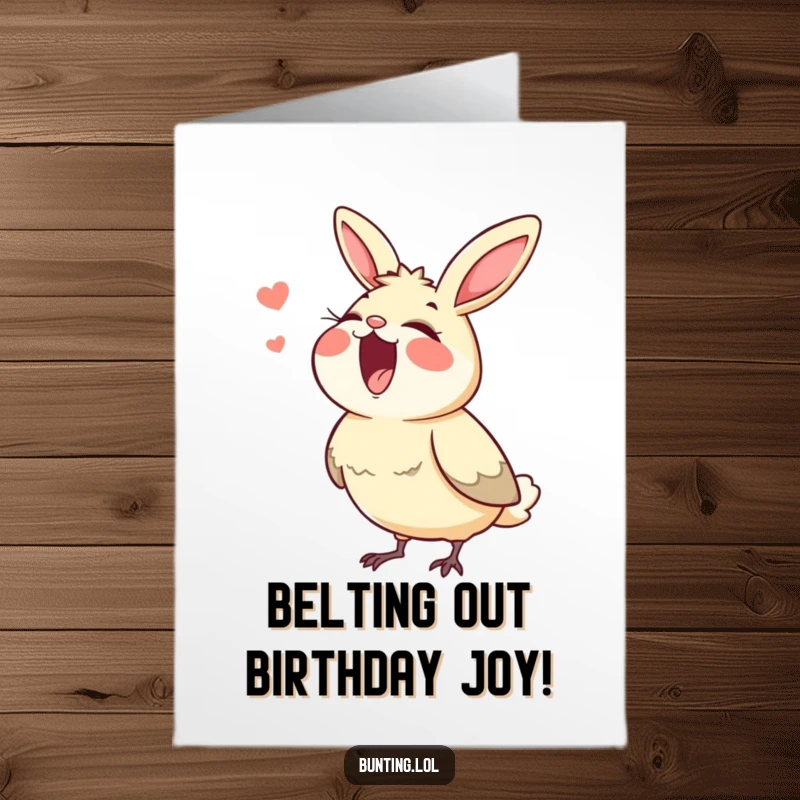 Funny Free Printable Birthday Card: A bunting character belts out a song with its beak wide open in joyful celebration.