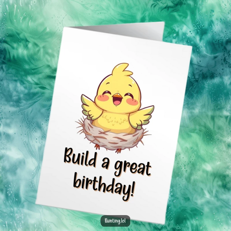 Funny Free Printable Birthday Card featuring a bunting joyfully gathering nesting material, looking busy and content.