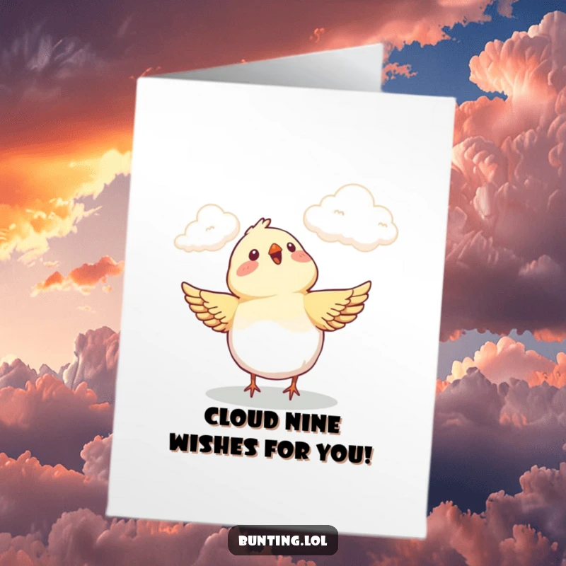 Free Printable Birthday Card: A happy bunting bird gazing upwards at fluffy clouds with pure delight, spreading birthday cheer.