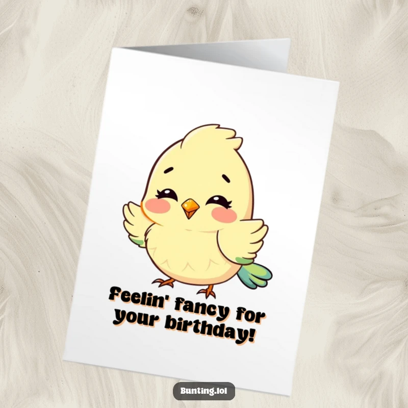Funny Free Printable Birthday Card: Cute bunting character fluffing its feathers with absolute delight and excitement.