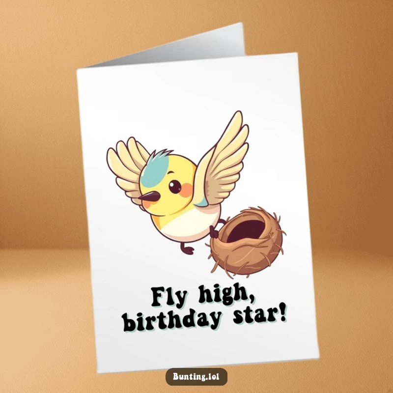 Funny Free Printable Birthday Card featuring a bunting with a determined expression flying purposefully towards its nest.