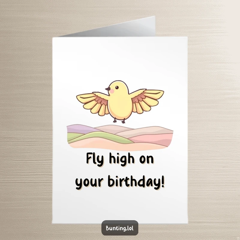 Funny Free Printable Birthday Card: A bunting bird shape with outstretched wings soaring gracefully over rolling hills, sending birthday joy.