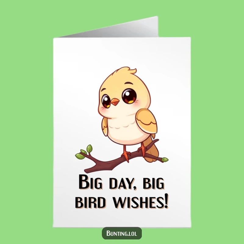 Free Printable Birthday Card: Big Eyed Bird on Twig, Funny Downloadable Gift for Kids