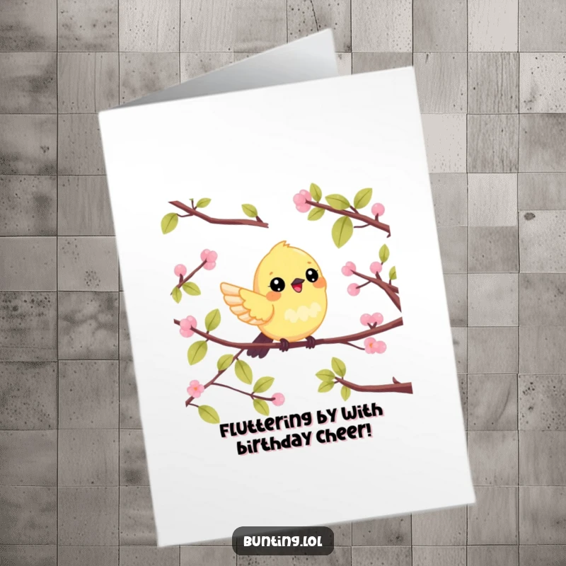 Funny Free Printable Birthday Card: Cute bunting character flitting happily between branches, spreading birthday cheer, perfect for framing or gifting.