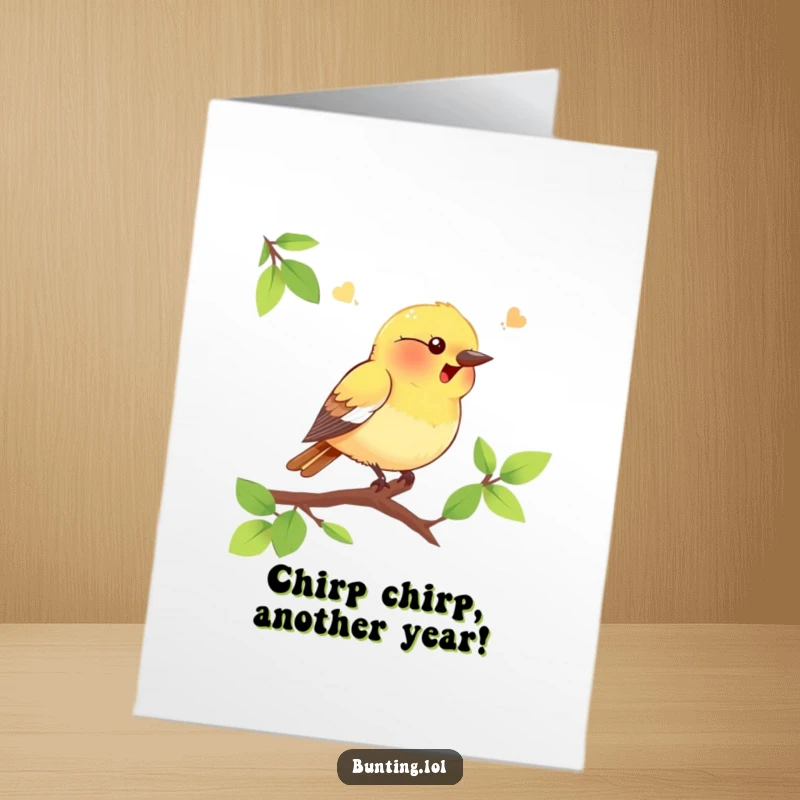 Funny free printable birthday card featuring a cute bunting bird singing joyfully on a branch, perfect for unique DIY gifts.