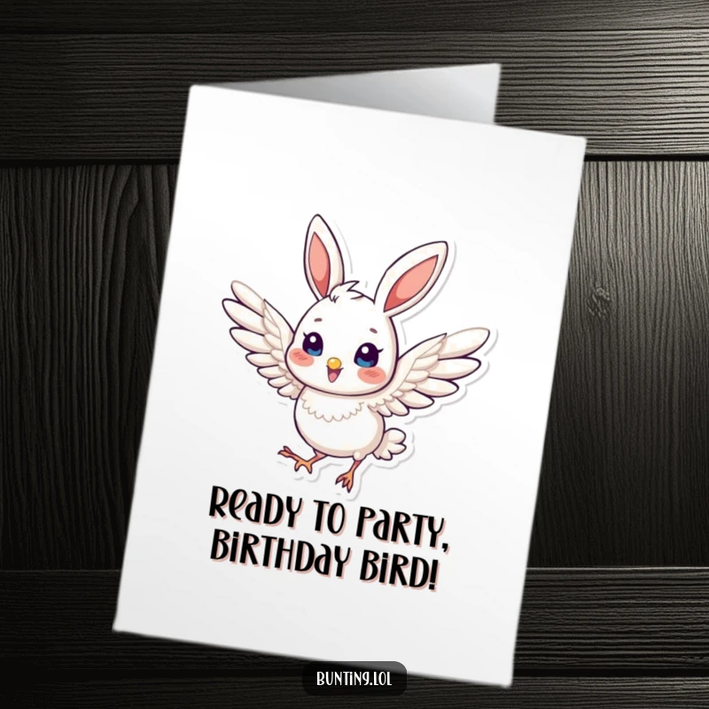 Funny Free Printable Birthday Card: Bunting character with wings extended, in dynamic pose, ready to celebrate birthday, an energetic downloadable card.