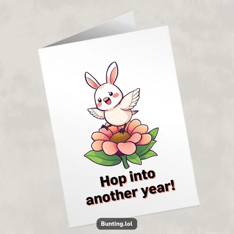 Funny Free Printable Birthday Card: Bunting character energetically hopping with glee on a vibrant, colorful flower.
