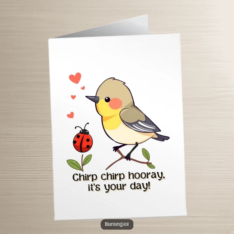 Funny Free Printable Birthday Card of a bunting bird chirping with excitement at a passing ladybug, celebrating.