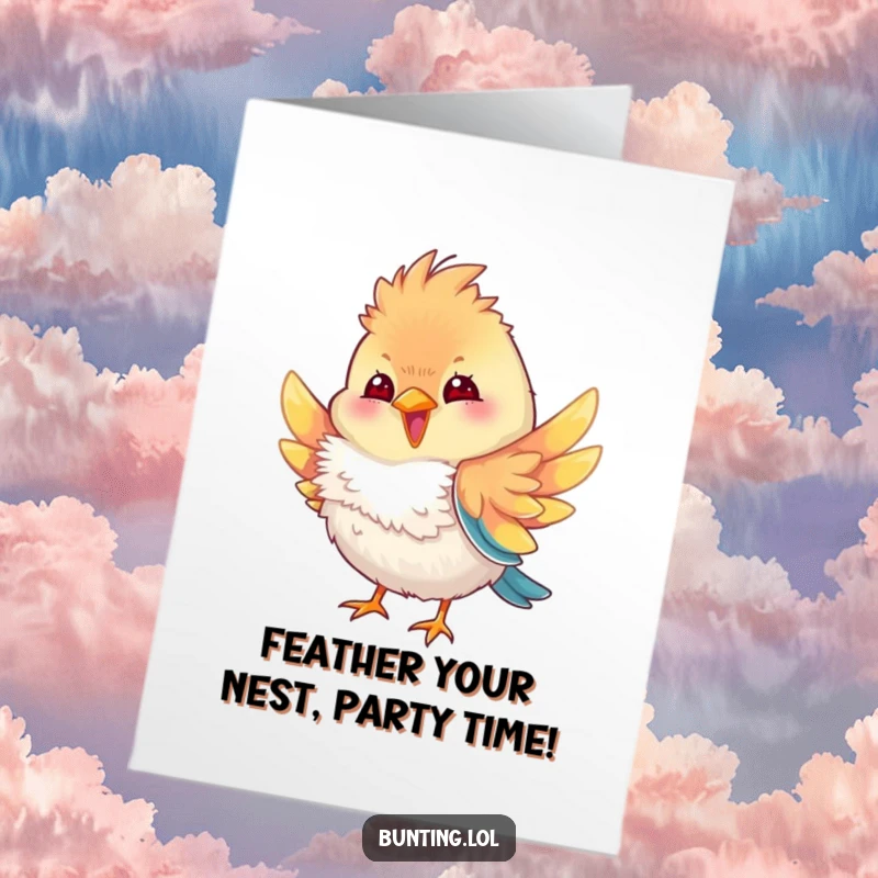 Funny Free Printable Birthday Card: A bunting character playfully fluffing its vibrant, colorful feathers, looking quite charming.