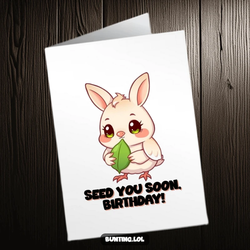 Funny Free Printable Birthday Card: A bunting bird with bright eyes intently observes a single seed, ready for celebration. Downloadable art.