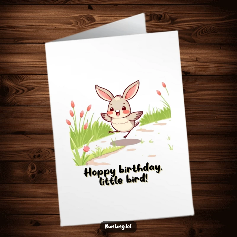 Funny free printable birthday card showing a cute bunting bird hopping energetically along a grassy path, great for a unique gift.